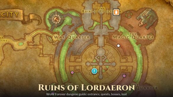 Undercity map with the Ruins of Lordaeron entrance, quest givers and bat handler, titled Ruins of Lordaeron