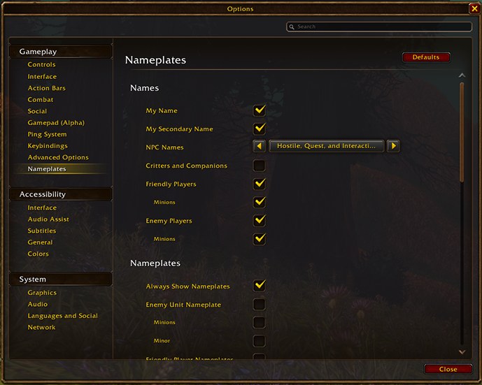 WoW Forever Options menu on the Nameplates page with the My Name and My Secondary Name checkboxes