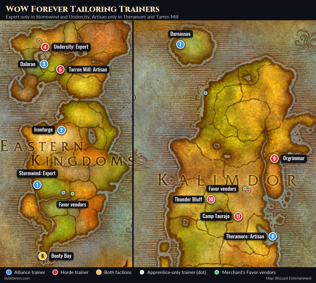 WoW Forever tailoring trainer map of the Eastern Kingdoms and Kalimdor with numbered Alliance, Horde and neutral trainers, the Expert trainers in Stormwind and Undercity, the Artisan trainers in Theramore and Tarren Mill, and the Merchant's Favor camps