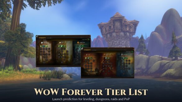 WoW Forever Priest and Warrior talent windows over a riverside landscape with a stone tower, with the title WoW Forever Tier List