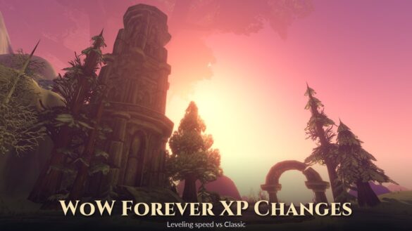 Ruined stone tower and arch under a pink sunset sky from Blizzard's WoW Forever preview, with the title WoW Forever XP Changes